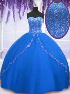 Royal Blue Sleeveless Beading and Sequins Floor Length Quince Ball Gowns