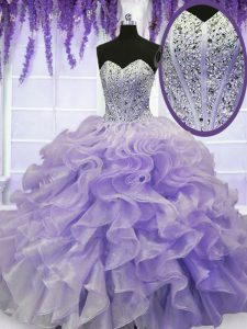 Sleeveless Organza Floor Length Lace Up Quinceanera Dress in Lavender with Beading and Ruffles