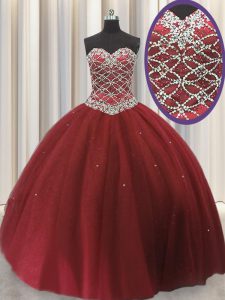 Inexpensive Sleeveless Floor Length Beading and Sequins Lace Up Sweet 16 Quinceanera Dress with Red