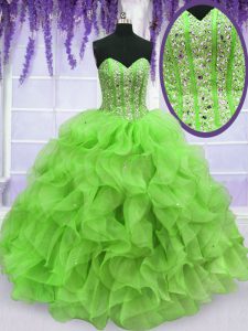 Hot Sale Sleeveless Organza Floor Length Lace Up Sweet 16 Dress in with Ruffles and Sequins
