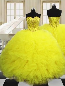 Fashion Sweetheart Sleeveless Lace Up Sweet 16 Dress Light Yellow Tulle