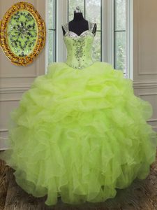 Suitable Yellow Green Sweet 16 Dress Military Ball and Sweet 16 and Quinceanera and For with Beading and Ruffles Straps 
