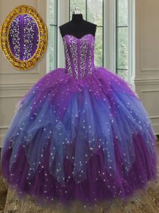 New Arrival Multi-color Ball Gowns Sweetheart Sleeveless Tulle Floor Length Lace Up Beading and Ruffles and Sequins Ball