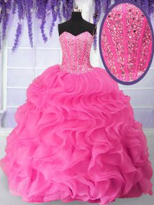 Fitting Floor Length Hot Pink 15 Quinceanera Dress Organza Sleeveless Beading and Ruffles