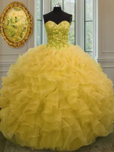 Floor Length Lace Up Ball Gown Prom Dress Gold for Military Ball and Sweet 16 and Quinceanera with Beading and Ruffles