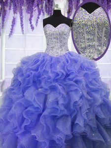 Hot Selling Sleeveless Organza Floor Length Lace Up Quinceanera Gown in Purple with Ruffles and Sequins