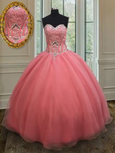 Enchanting Watermelon Red Sleeveless Beading and Belt Floor Length Quinceanera Gown