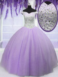 Lavender Ball Gowns Tulle Off The Shoulder Short Sleeves Beading Floor Length Lace Up Quince Ball Gowns