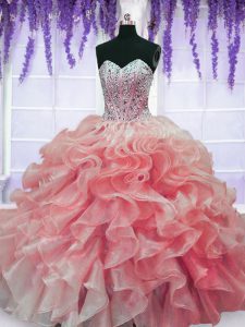 Floor Length Red Ball Gown Prom Dress Organza Sleeveless Beading and Ruffles