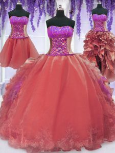 Top Selling Four Piece Embroidery and Ruffles Quinceanera Dresses Watermelon Red Lace Up Sleeveless Floor Length