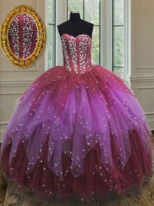 Beautiful Multi-color Ball Gowns Tulle Sweetheart Sleeveless Beading and Ruffles and Sequins Floor Length Lace Up 15 Qui