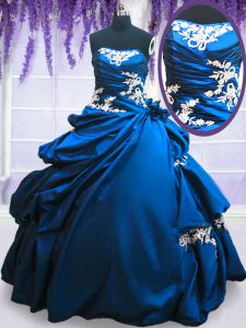 Trendy Floor Length Royal Blue Vestidos de Quinceanera Taffeta Sleeveless Appliques and Pick Ups