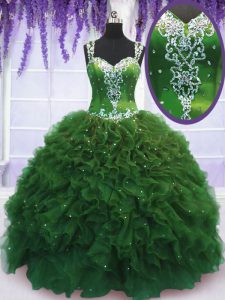 Ideal Straps Green Sleeveless Beading and Ruffles Floor Length Ball Gown Prom Dress
