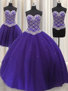 Nice Three Piece Sleeveless Lace Up Floor Length Beading and Sequins Sweet 16 Dress