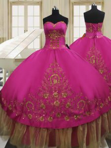 Delicate Fuchsia Taffeta Lace Up Sweetheart Sleeveless Floor Length Sweet 16 Quinceanera Dress Beading and Embroidery