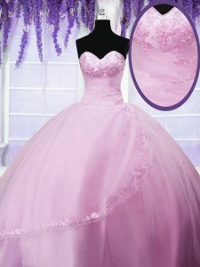 Comfortable Baby Pink Ball Gowns Sweetheart Sleeveless Tulle Floor Length Lace Up Appliques Sweet 16 Quinceanera Dress