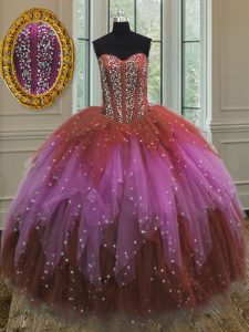 Multi-color Ball Gowns Sweetheart Sleeveless Tulle Floor Length Lace Up Beading and Ruffles and Sequins Sweet 16 Quincea