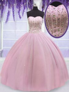 Hot Selling Baby Pink Tulle Lace Up Quinceanera Gown Sleeveless Floor Length Beading