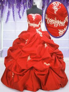 Elegant Coral Red Ball Gowns Taffeta Strapless Sleeveless Appliques and Ruching and Pick Ups Floor Length Lace Up Quince