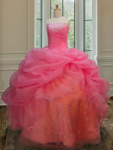 Delicate Sleeveless Organza Floor Length Lace Up Quinceanera Dresses in Pink with Embroidery and Pick Ups