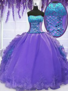 Popular Lavender Lace Up Strapless Embroidery and Ruffles 15 Quinceanera Dress Organza Sleeveless