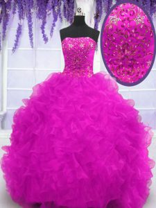 Edgy Fuchsia Organza Lace Up Quinceanera Dresses Sleeveless With Brush Train Beading and Appliques and Ruffles