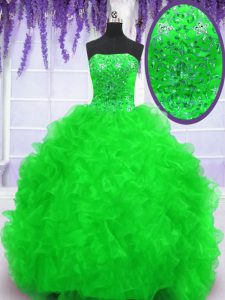 Ball Gowns Beading and Appliques and Ruffles Sweet 16 Dresses Lace Up Organza Sleeveless With Train