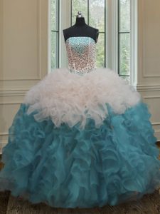 Custom Fit Ball Gowns 15 Quinceanera Dress Blue And White Strapless Organza Sleeveless Floor Length Lace Up