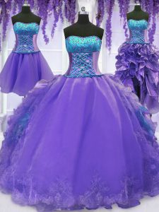 Flirting Four Piece Organza Strapless Sleeveless Lace Up Embroidery and Ruffles Quinceanera Dress in Lavender