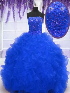 Excellent Royal Blue Ball Gowns Strapless Sleeveless Organza With Brush Train Lace Up Beading and Ruffles Quinceanera Dr