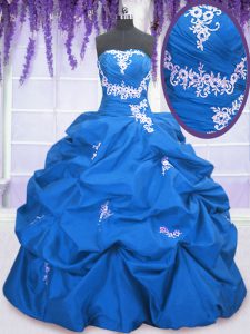 Custom Designed Blue Taffeta Lace Up Strapless Sleeveless Floor Length 15 Quinceanera Dress Appliques and Pick Ups