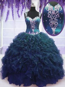 Modest Navy Blue Quinceanera Gowns Military Ball and Sweet 16 and Quinceanera and For with Beading and Ruffles Straps Sl
