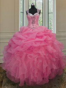 Latest Straps Organza Sleeveless Floor Length Sweet 16 Dresses and Beading and Ruffles