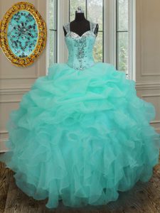 Straps Sleeveless Organza Floor Length Zipper Quinceanera Dresses in Apple Green with Beading and Ruffles
