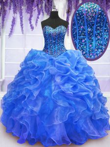 Fabulous Sleeveless Floor Length Beading and Ruffles Lace Up 15 Quinceanera Dress with Blue