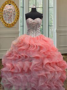 Delicate Organza Sweetheart Sleeveless Lace Up Beading and Ruffles Sweet 16 Dresses in Watermelon Red