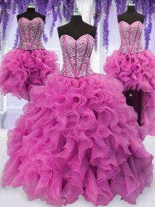 Four Piece Sweetheart Sleeveless Organza 15 Quinceanera Dress Ruffles and Sequins Lace Up