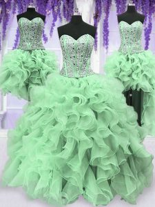 Four Piece Apple Green Ball Gowns Organza Sweetheart Sleeveless Beading and Ruffles Floor Length Lace Up 15th Birthday D