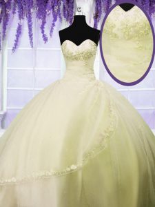 Sweetheart Sleeveless 15 Quinceanera Dress Floor Length Appliques Light Yellow Tulle
