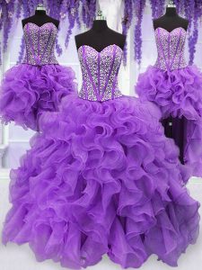 Pretty Four Piece Sleeveless Ruffles and Sequins Lace Up Sweet 16 Dresses