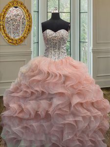 Modern Peach Ball Gowns Beading and Ruffles Quinceanera Dresses Lace Up Organza Sleeveless Floor Length