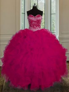 Stunning Sweetheart Sleeveless Sweet 16 Quinceanera Dress Floor Length Beading and Ruffles Fuchsia Tulle