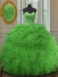 Exquisite Green Sweetheart Neckline Beading and Ruffles and Pick Ups Sweet 16 Quinceanera Dress Sleeveless Lace Up