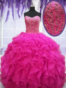 Fashion Fuchsia Organza Lace Up Sweet 16 Dress Sleeveless Floor Length Beading and Ruffles