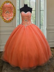 Cheap Sequins Ball Gowns Ball Gown Prom Dress Orange Red Sweetheart Organza Sleeveless Floor Length Lace Up