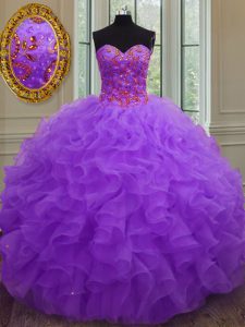 Purple Organza Lace Up 15th Birthday Dress Sleeveless Floor Length Beading and Ruffles