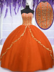Orange Red Lace Up Ball Gown Prom Dress Beading Sleeveless Floor Length