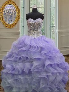 Organza Sweetheart Sleeveless Lace Up Beading and Ruffles 15th Birthday Dress in Lavender