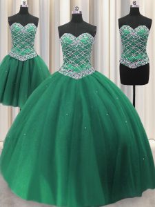Spectacular Three Piece Sweetheart Sleeveless Quinceanera Dresses Floor Length Beading and Ruffles Green Tulle