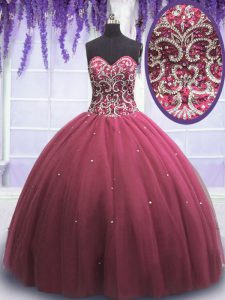 Sweetheart Sleeveless Lace Up Vestidos de Quinceanera Pink Tulle